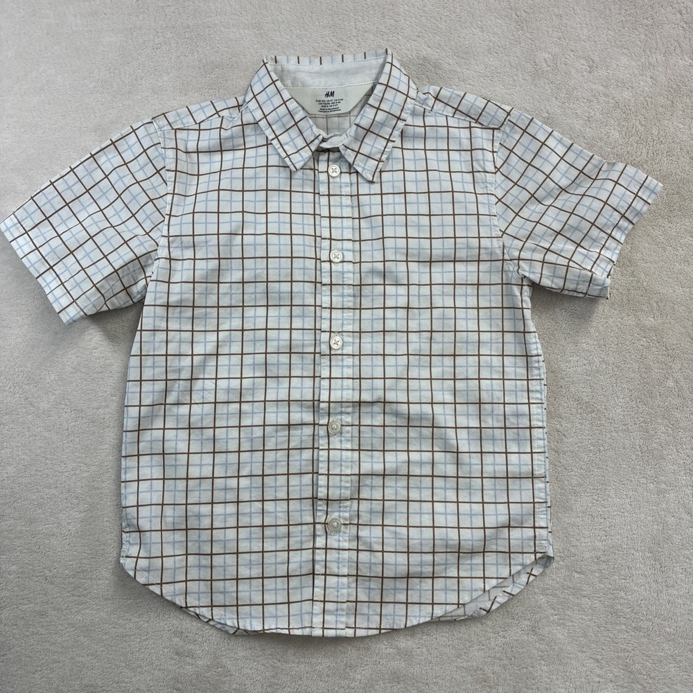 H&M Boys White Plaid Button Up Short Sleeve Shirt Size 4T